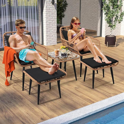 5 Piece Wicker Bistro Patio Conversation Furniture Set, Includes 2 Chairs, 2 Ottomans, and Side Table, Ideal for Porch, Balcony, Deck, Backyard, Natural