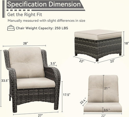 4 Pieces Patio Conversation Set, Wicker Chairs Set of 2 and Two Ottomans with 3.5-inch Seat Cushions, High Back and Curved Armrest for Backyard, Balcony and Deck, Beige