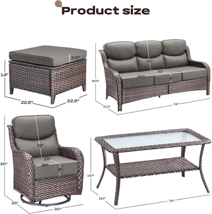 Wicker Outdoor Patio Furniture Set - 8 Piece Patio Conversation Sets with Swivel Rocker Chairs, Ottomans, Sofa and Table, 6 inch Cushions, Deep Seating, for Porch Deck Brown/Grey