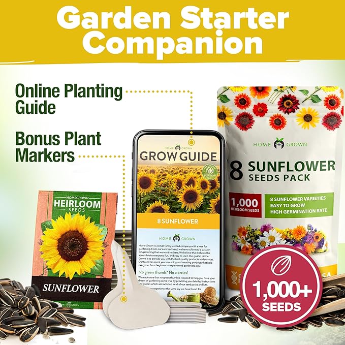 Home Grown Sunflower Seeds for Planting | 8 Varieties |1000+ Non-GMO Sun Flower Seeds Packets to Plant: Grow Dwarf Sunflowers, Mexican Sunflowers, Wild, Lemon Queen,Autumn Beauty,Sunspot, Velvet Queen