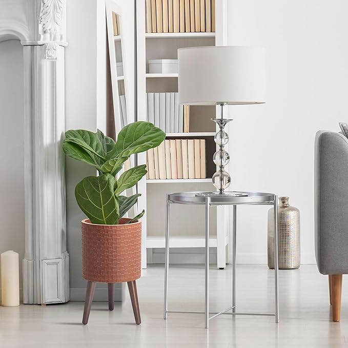 D'vine Dev 10 Inch Modern Geometric Tile Patterned Sleek Planter Pot with Stand, Indoor Outdoor Decorative Plant Holder, Terra Cotta, 88-Z-B-3