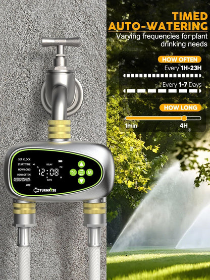 Water Timer for Garden Hose - 2 Zone Sprinkler Controller with Soil Moisture Sensor, Rain Delay & Brass Inlet Programmable Hose Timer, Automatic Drip Irrigation System for Yard Lawn Greenhouse