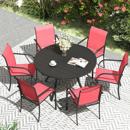 VICLLAX Patio Dining Set for 6, Outdoor Furniture Set Includes 47.2" Round Patio Table and 6 Patio Sling Chairs, Black Tabletop and Red Fabric