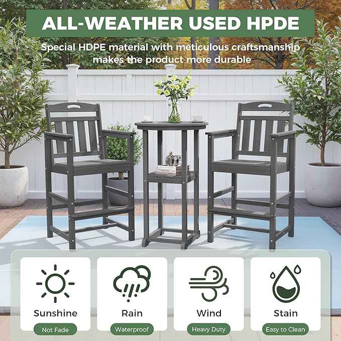 HDPE Outdoor Patio Bar Set with Bar Height Table and 2 Adirondack Chairs, All-Weather High Top Outside Round Pub Furniture for Bistro, Garden, Backyard, Deck | 3-Pieces, Grey