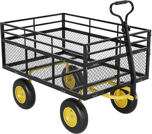 3-in-1 Heavy-Duty Steel Garden Cart, 1400 Lbs Garden Wagon, with 13 Inch All-Terrain Tires and Removable Mesh Side Panels, 180° Rotating Handle, Metal Utility Yard Trailer, Outdoor Gardens Wagon Cart