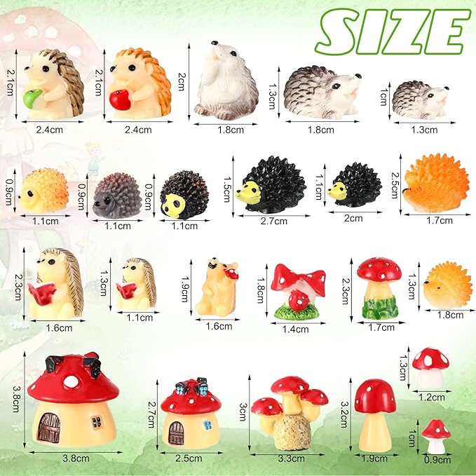 Woanger 30 Pcs Fairy Outdoor Garden Accessories Resin Mini Hedgehog Mushroom Miniature Figurines Garden Tiny Animals Figurines for House Terrarium Plant Bonsai Craft Decor(Cute)