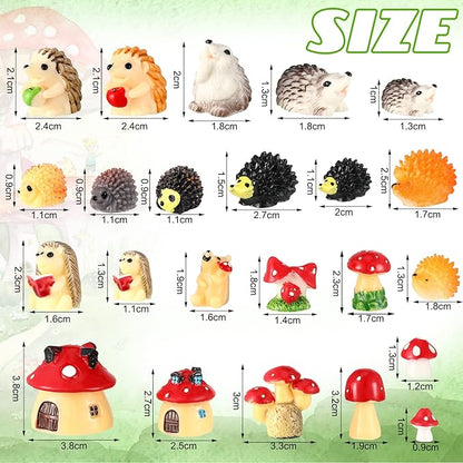 Woanger 30 Pcs Fairy Outdoor Garden Accessories Resin Mini Hedgehog Mushroom Miniature Figurines Garden Tiny Animals Figurines for House Terrarium Plant Bonsai Craft Decor(Cute)