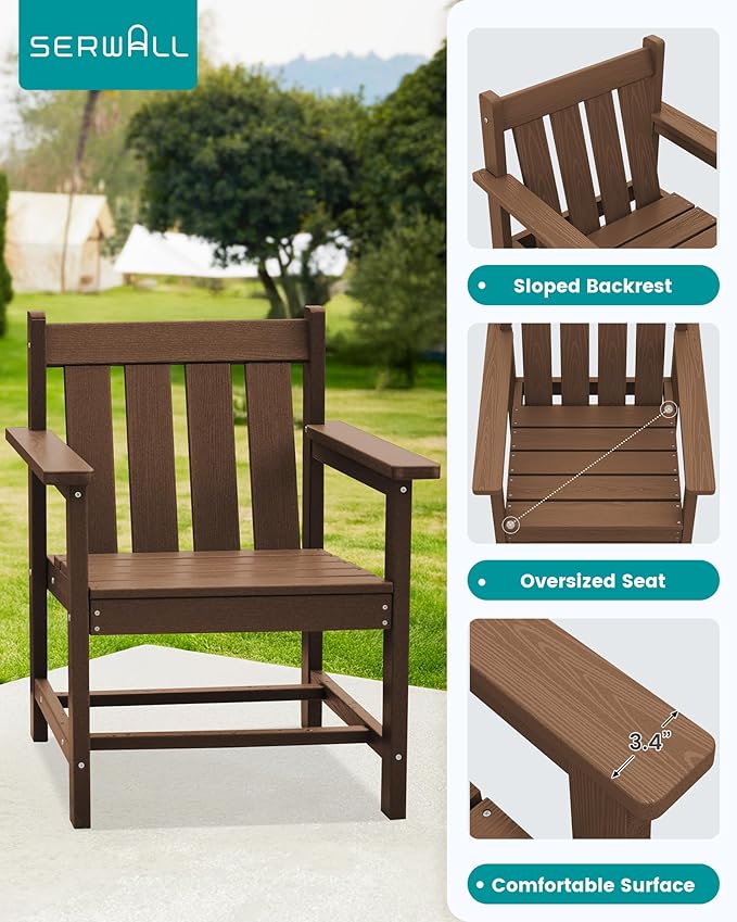 SERWALL 3 Pieces Patio Bistro Set, All Weather Adirondack Chair Set with Side Table, HDPE Material Outdoor Patio Furniture Set for Balcony, Porch, Garden, Backyard- Brown