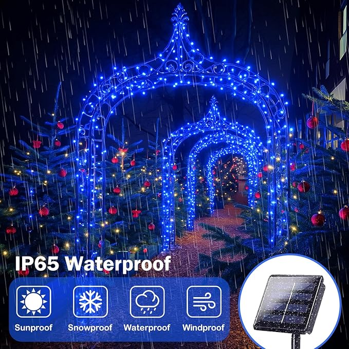 4 Pack 180FT Solar Christmas Lights Outdoor Waterproof, Super Bright 320 LED Solar String Lights with 8 Lighting Modes, Green Wire Twinkle Tree Light for Outside Xmas Party Decorations (Blue)