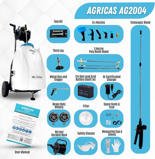 10.5 Gal Battery Powered Sprayer with Double Professional Pump with Wheels, Multifunctional and Portable Weed Sprayer for Lawn & Garden with Adjustable HD Wand and Nozzles