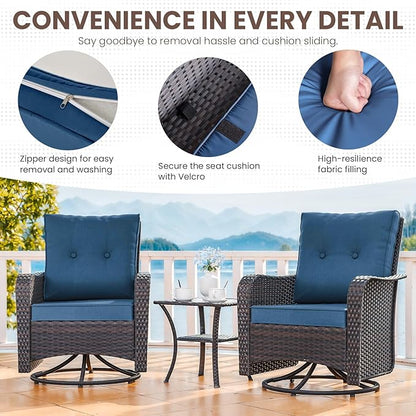 Gotland Outdoor Swivel Chairs Set of 2, 3 Pieces Patio Furniture Set with Thick Cushion, Wicker Rocking Patio Chairs Set of 2, Patio Bistro Set with Double-Layer Coffee Table for Balcony Porch Navy