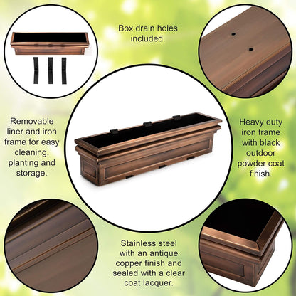 H Potter Window Planter Box Copper Flower Outdoor Plant Container for Windows Attach to House Deck Balcony Long Rectangular Shape 36 Inch GAR513A