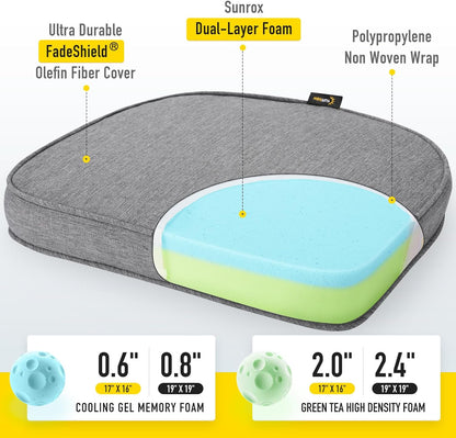 SUNROX Gel Memory Foam Chair Cushion with Ties, Ultra Durable Water Resistant FadeShield Outdoor/Indoor Reversible Chair Seat Cushion 17 x 16 inch Set of 4, Heather Charcoal