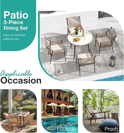 Patiorama 5-Piece Patio Dining Set, Outdoor Dining Table Chair Set, All-Weather Embossed Rattan Wicker Rope Conversation Set, Patio Furniture Set w/Umbrella Hole, 4 Cushioned Chairs&Glass Table(Beige)