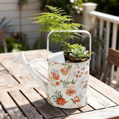 Vintage Floral Metal Watering Can, Decorative Watering Pot for Indoor Outdoor Plants, Shabby Chic Garden Watering Tool with Long Spout, Rustic Home Patio Decor