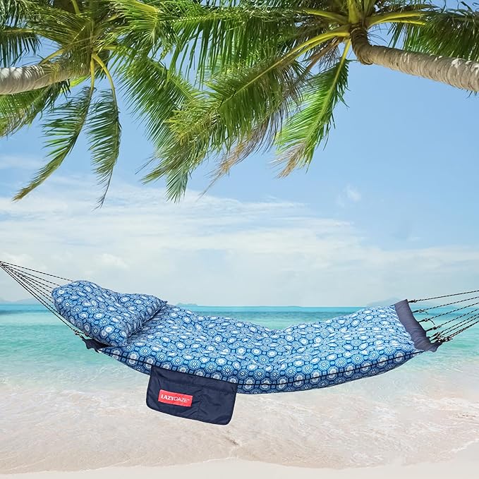 Lazy Daze Hammocks Deluxe 12 FT Tufted Hammock with Soft Detachable Pillow & Side Pocket, Outside Double Curved Aluminium Spreader Hammock, 450 Lbs Capacity for Patio, Blue Floral