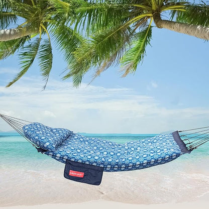 Lazy Daze Hammocks Deluxe 12 FT Tufted Hammock with Soft Detachable Pillow & Side Pocket, Outside Double Curved Aluminium Spreader Hammock, 450 Lbs Capacity for Patio, Blue Floral