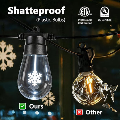 LED Christmas Lights, 50FT Patio Lights with 16Pcs Shatterproof S14 Bulb(1 Spare), 4 Lighting Mode, Connectable, Waterproof White Edison Plastic Bulb Hanging Light for Yard Gazebo Porch Décor