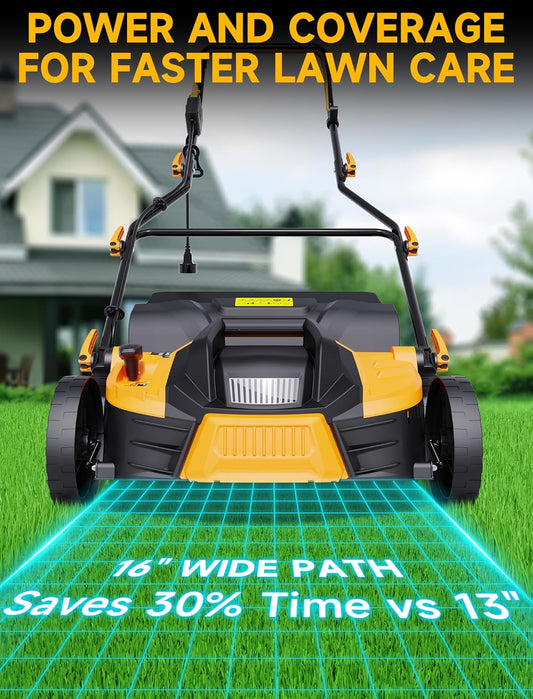15.5 Amp 16-Inch Electric Dethatcher and Scarifier, Lawn Dethatcher with Foldable Design, 14.5-Gallon Bag, 5-Position Depth Adjustment, Quick Blade Replacement, Ideal for Healthy Lawn Care