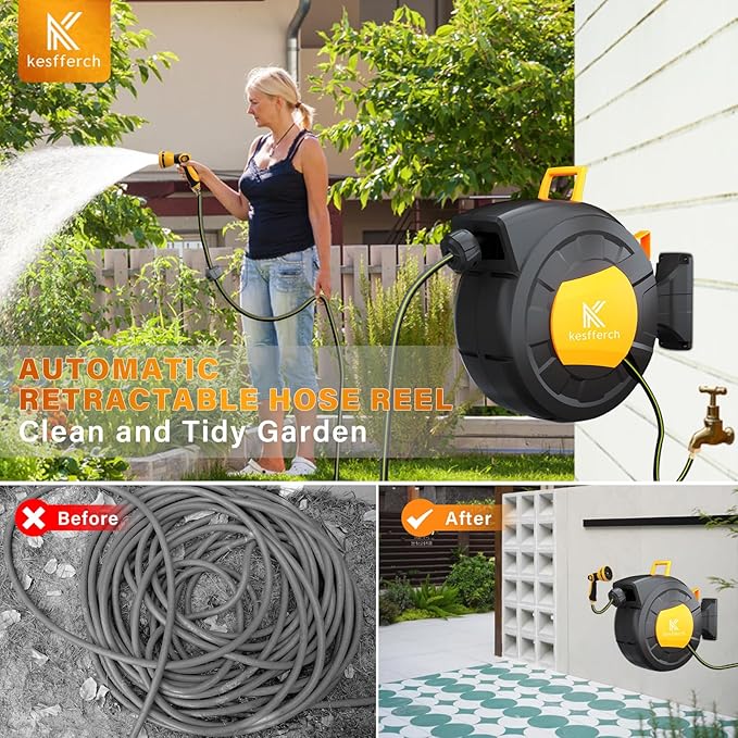 Retractable Garden Hose Reel, 1/2 Inch x 65 FT + 6 FT Compact Water Hose Reel Wall Mounted Garden Hose Reel with 10 Pattern Nozzles, Any Length Lock, Slow Rewind Storage, 180°Swivel Bracket