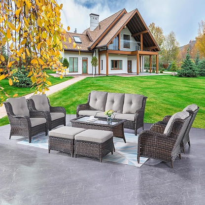 Rilyson Wicker Patio Furniture Chairs Set - 8 Piece Rattan Outdoor Patio Sectional Conversation Sets with 1 Sofa,4 Armrest Chairs,1 Coffee Table and 2 Ottomans for Porch Deck Garden(Brown/Grey)