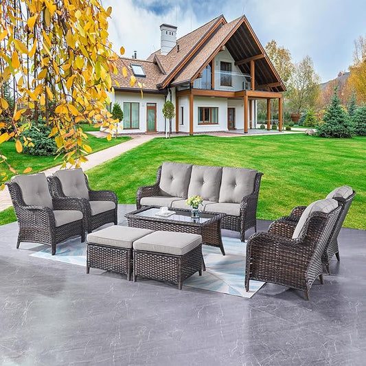 Rilyson Wicker Patio Furniture Chairs Set - 8 Piece Rattan Outdoor Patio Sectional Conversation Sets with 1 Sofa,4 Armrest Chairs,1 Coffee Table and 2 Ottomans for Porch Deck Garden(Brown/Grey)