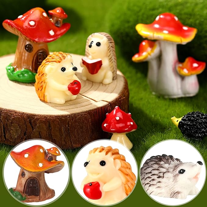 Woanger 30 Pcs Fairy Outdoor Garden Accessories Resin Mini Hedgehog Mushroom Miniature Figurines Garden Tiny Animals Figurines for House Terrarium Plant Bonsai Craft Decor(Vivid)