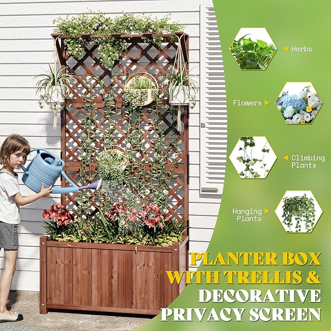 AMERLIFE Raised Garden Bed with Trellis for Vegetables, Climbing Plants, Durable Natural Wood Planter Box with Drainage Holes, Privacy Planter for Outdoor Yard & Patio, Easy Assembly