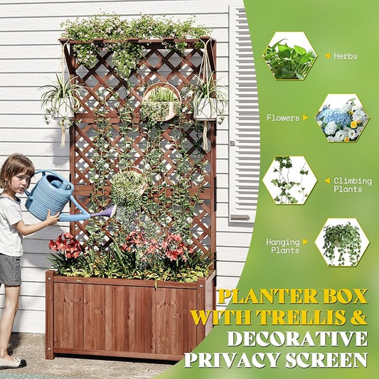 AMERLIFE 2 Pack Raised Garden Bed with Trellis for Vegetables, Climbing Plants, Durable Natural Wood Planter Box with Drainage Holes, Privacy Planter for Outdoor Yard & Patio, Easy Assembly