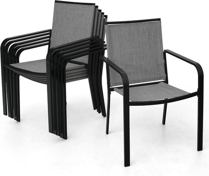 7-Piece Outdoor Dining Set, 48'' Round Table with 6 Stackable Chairs All Weather Furniture Set - Grey