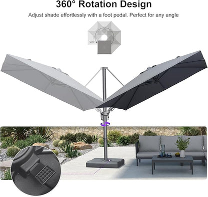 PURPLE LEAF 8' X 8' Swivel Outdoor Patio Aluminum Umbrella with Base Left-right Tilting Cantilever Offset Umbrella with UV Resistant Heavy Duty Fabric for Deck Pool Patio Backyard, Graphite Grey