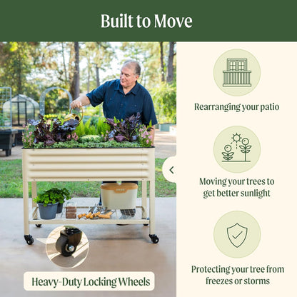 Rolling Elevated Raised Garden Bed-V Series, 2' x 8' Garden Beds with Legs & Storage Rack for Patio & Porch, 1400 Lbs Weight Capacity, Outdoor Planter Box for Vegetables Flower Herbs, Pearl White