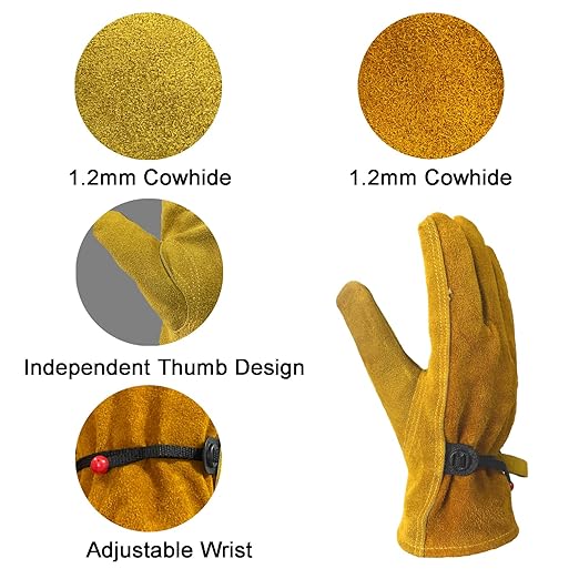 Leather Work Gloves for Men Women with Cotton Lining, Large Thorn Proof Cactus Gardening Yard Work Gloves for Rose Pruning, Heavy Duty TIG/MIG Welding, Construction, Large