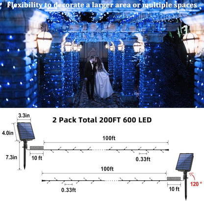 2-Pack 200FT Solar String Lights for Outside, 600 LED Extra-Bright Solar Light Outdoor with 19 Modes & Timer, Waterproof Fairy Solar Lights for Garden Patio Tree Christmas Decorations (Blue), 2021B