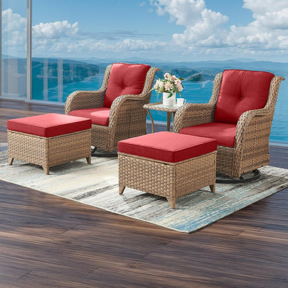 Outdoor Wicker Patio Furniture Set - 5 Pieces Rattan Patio Conversation Set with 2 Rocking Swivel Chairs,2 Ottomans and 1 Side Table for Porch Deck Backyard Garden(Yellow/Red)