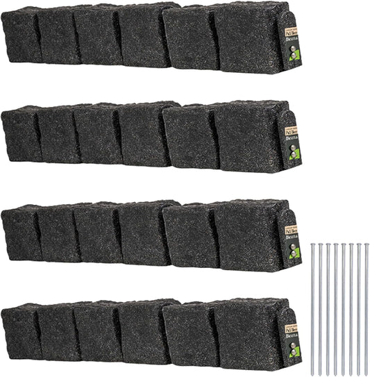 Beuta Landscape Edging | Garden Edging Border | Faux Stone Blocks for Lawn Edging, Flower Beds & Yard Edging – 4 Pack | Each Section Has 6 Blocks 48" L x 4" W x 6.5" H | 8 Spikes | Charcoal