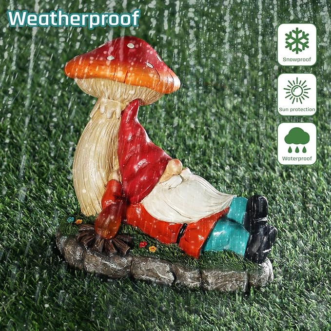 Solar Garden Gnomes Statues with Mushroom, Cute Funny Solar Powered Gnome Décor for Outdoor, Yard, or Patio as for Women Mom 8.5 Inch