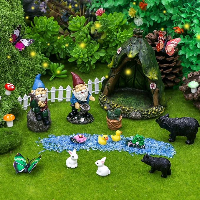 BangBangDa Outdoor Miniature Gnome Garden Kit- Fairy Houses Village Accessories Set Fishing Gnome Figurines Statue Patio Cake Topper Decor for Boy Girl Mother Girlfriend Birthday Gifts