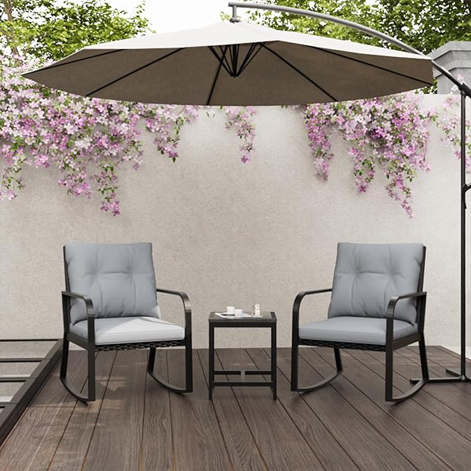 Bistro 3 Piece Patio Furniture Set, Patio Table and Rattan Outdoor Rocking Chairs Set of 2, Outdoor Bistro Conversation Set for Garden, Balcony, Poolside, Backyard, Grey