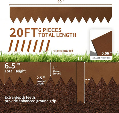 Worth Garden 20ft. Galvanized Steel Landscape Edging - 6-Pack 6.5" x 40" Metal Edging for Landscaping with 7 Stakes, Bronze Powder Coating Hammer-in Lawn Edging for Yard Pathway Divider