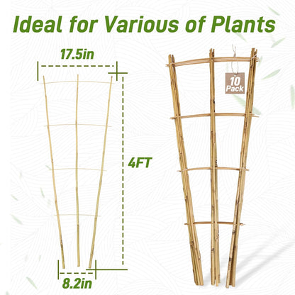 Avalution 10 Pack Bamboo Trellis for Climbing Plants, 4 FT Garden Ladder Trellis for Potted Plants Indoor, Fan-Shaped Small Plant Support Trellis for Houseplants Ivy Hoya Vine Monstera