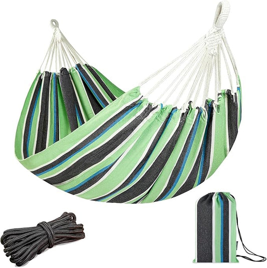 JoyView Brazilian Double Hammock with Hanging Ropes Extra Large 86.6x59” Portable Cotton Hammock for Patio Backyard Porch 450LBS Weight Capacity Perfect for Outdoor/Indoor - Green/Black Stripe
