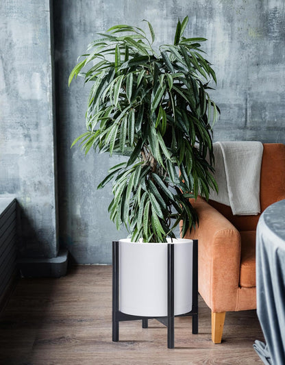 D'vine Dev Planter Pot with Stand - 14 Inch Plastic Cylinder Flower Pot with Wood Planter Holder for Indoor, Matte White Pot + Ebony Stand, 55-C-T-1