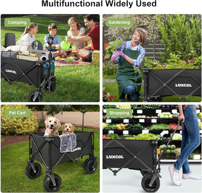 LUXCOL Collapsible Folding Wagon, Heavy Duty Utility Beach Wagon Cart for Sand with Big Wheels, Adjustable Handle&Drink Holders for Shopping, Camping,Garden and Outdoor
