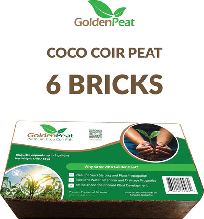 Organic Coconut Peat Bricks (650g X 6 Pack) - Low EC, Sustainable Growing Medium for Gardens, pots, and Seed Starters. Just add Water to Transform Each Brick into 8-10L of Fluffy Nutrient-Rich Coir