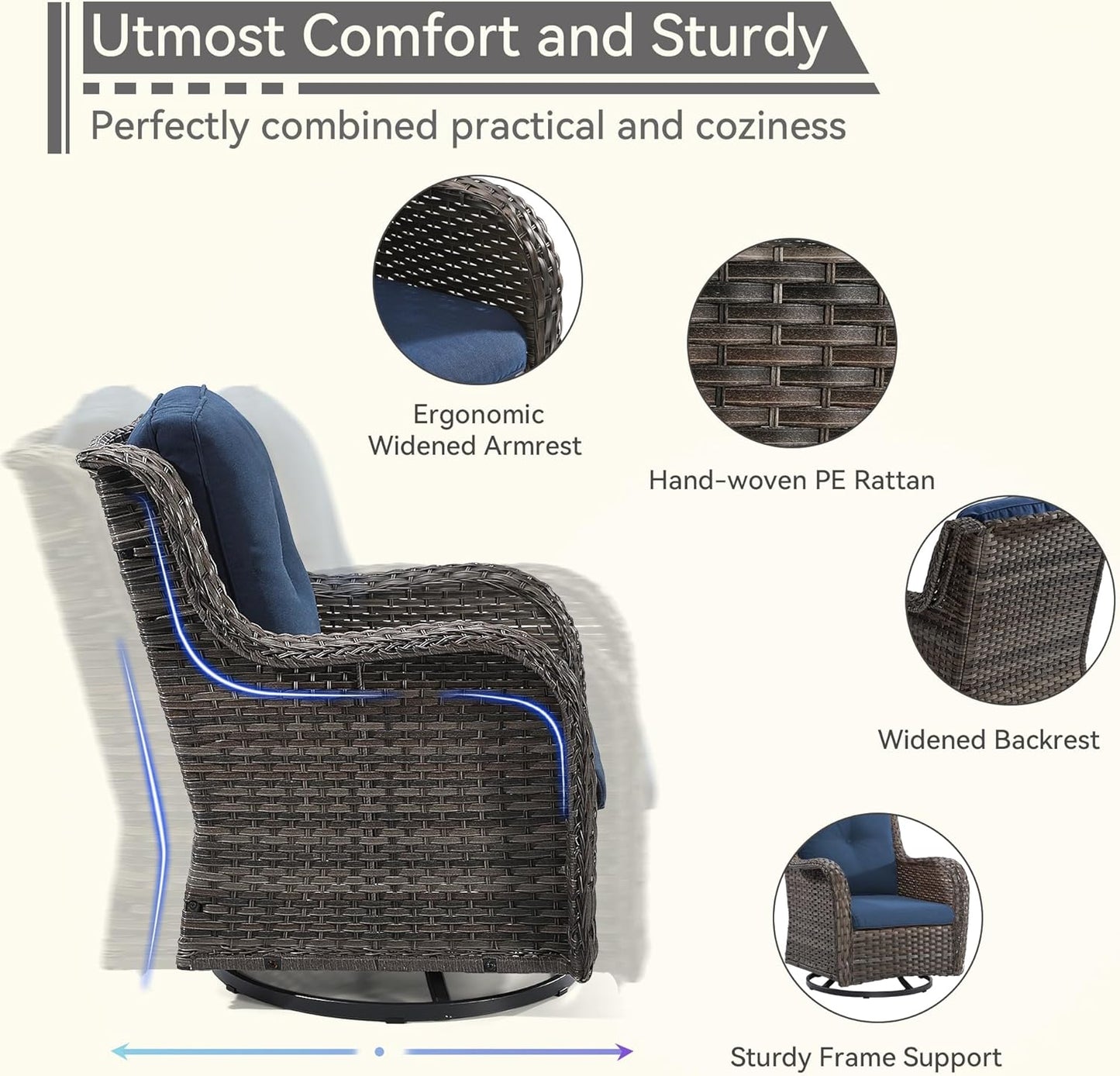 Outdoor Swivel Rocker Patio Chair - Outdoor Wicker Patio Glider Chair with Olefin Fabric Cushions Suitable for Backyard Deck and Porch, Blue