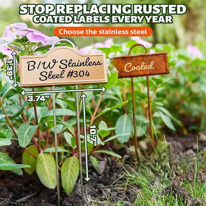 Stainless Steel 304 Plant Labels Weatherproof, Metal Garden Label Tall Markers 25 Pack for Plants Vegetables Herb Seedlings Flowers with 2 Pens, Height 10.75 Inch, Label Area 3.74'' x 1.39''