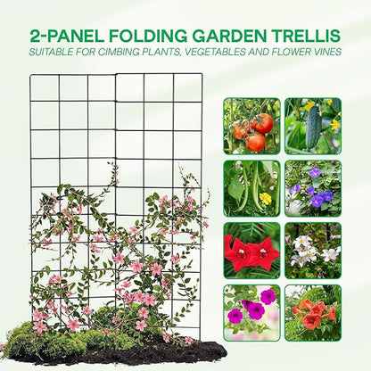IDZO 2-Panel Folding Trellis, Basic Metal Decoration Trellis for Climbing Plants Outdoor, Tall Metal Plant Trellis with Steel Frame, Panel Trellis Garden Lattice for Vines & Vegetables