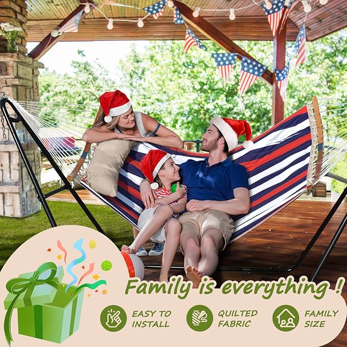 Double Hammock, 11 FT Quilted Fabric 2 Person Hammock for Outside with Pillow, Folding Curved Spreader Bar, Chains, Carrying Bag, Indoor Outdoor, 450 IB Capacity, Trinidad Red