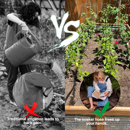 Customizable Soaker Hose System, 1/2inch 50ft Rubber Hose with 25ft PVC Garden Hose, Drip Irrigation Watering Hose with Reinforced Fittings for Flowers Bed Foundation, Lawn, Vegetable, Tree